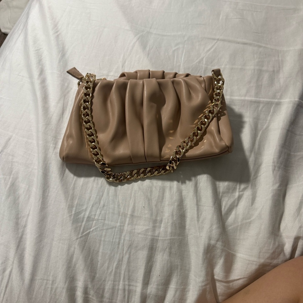 Madison West Tan Clutch with Gold Chain